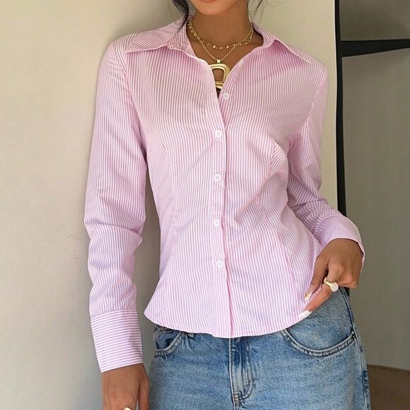 Pink Casual Women's Striped Tie-Waist Slim Fit Long Sleeve Shirt - Picture 5 of 6